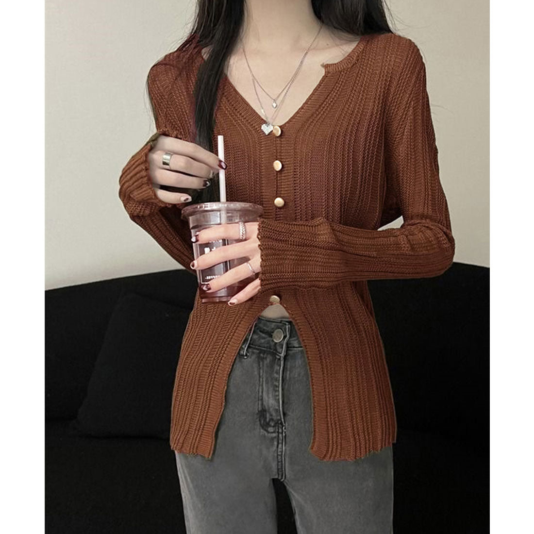 ミニミニストア miniministore 透かし編みVネックニット フロントボタン （アイボリー） アイボリー
