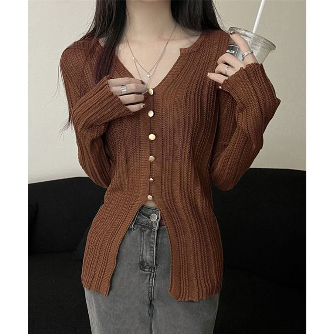 ミニミニストア miniministore 透かし編みVネックニット フロントボタン （アイボリー） アイボリー