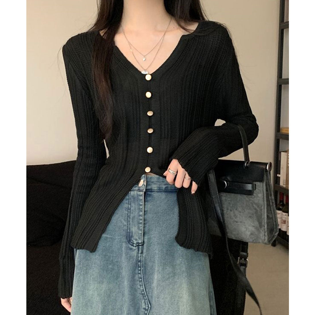 ミニミニストア miniministore 透かし編みVネックニット フロントボタン （ブラック） ブラック