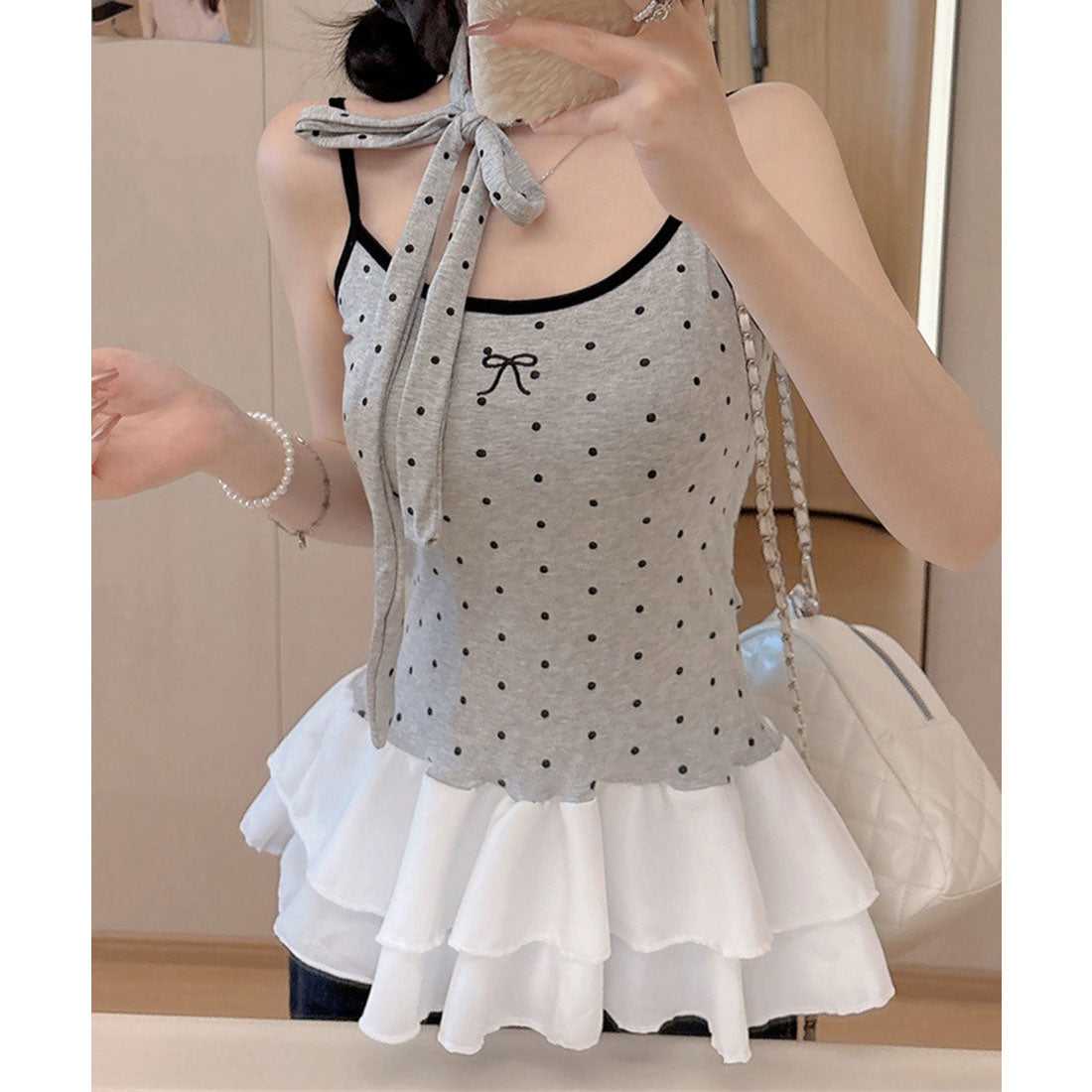 ミニミニストア miniministore ドット柄キャミソール チョーカー付き夏服 （ライトグレー） ライトグレー