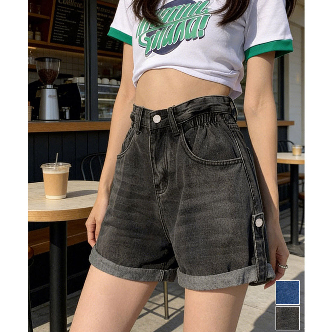 ミニミニストア miniministore ロールアップ デニムショートパンツ 美脚 （ブラック） ブラック