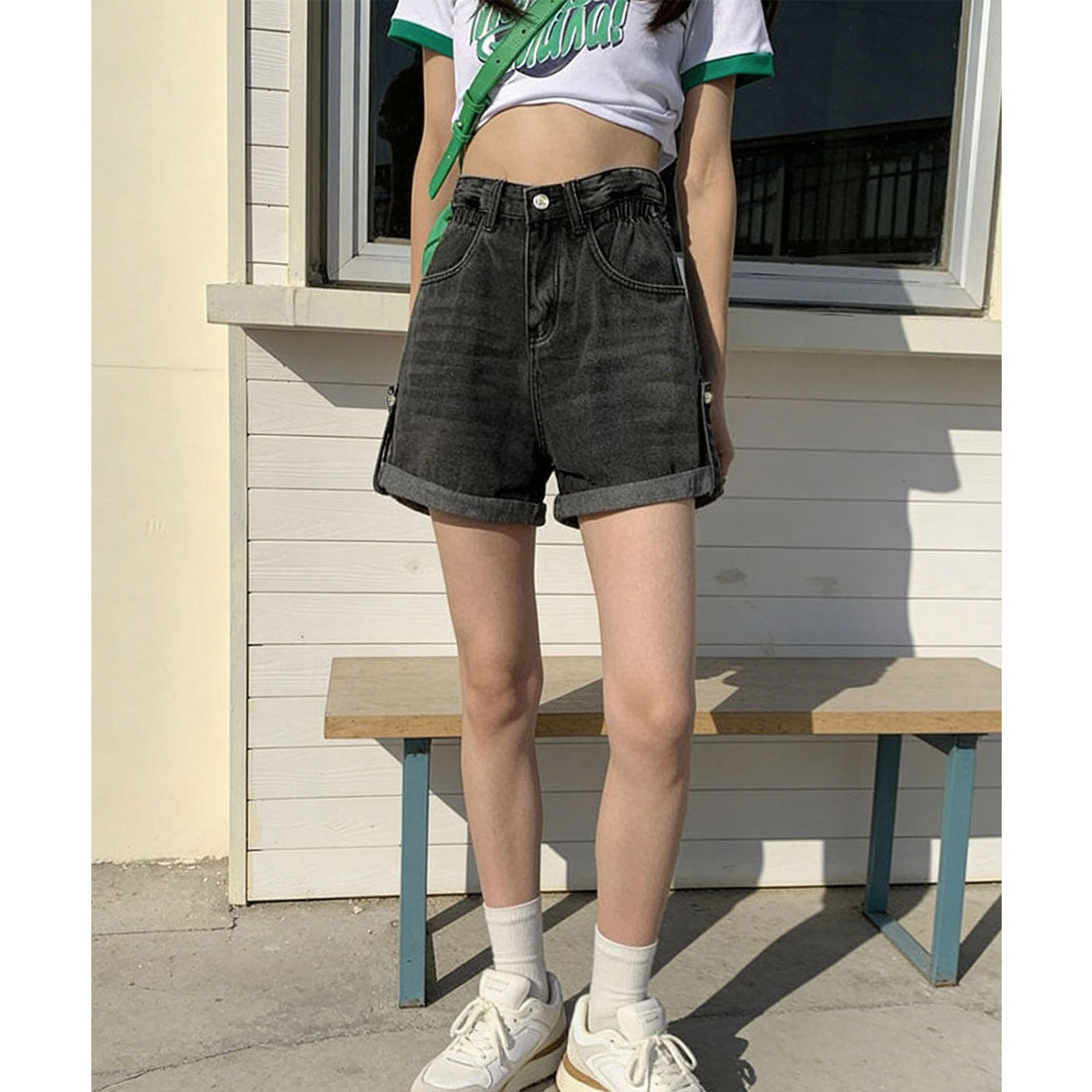 ミニミニストア miniministore ロールアップ デニムショートパンツ 美脚 （ブラック） ブラック