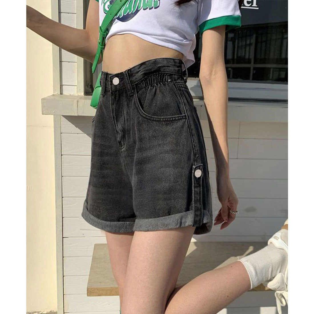 ミニミニストア miniministore ロールアップ デニムショートパンツ 美脚 （ブラック） ブラック