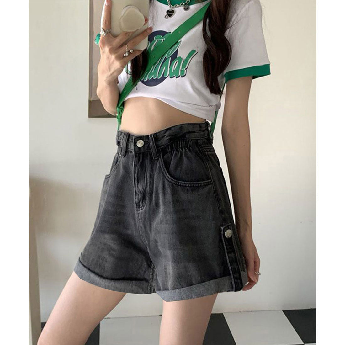 ミニミニストア miniministore ロールアップ デニムショートパンツ 美脚 （ブラック） ブラック