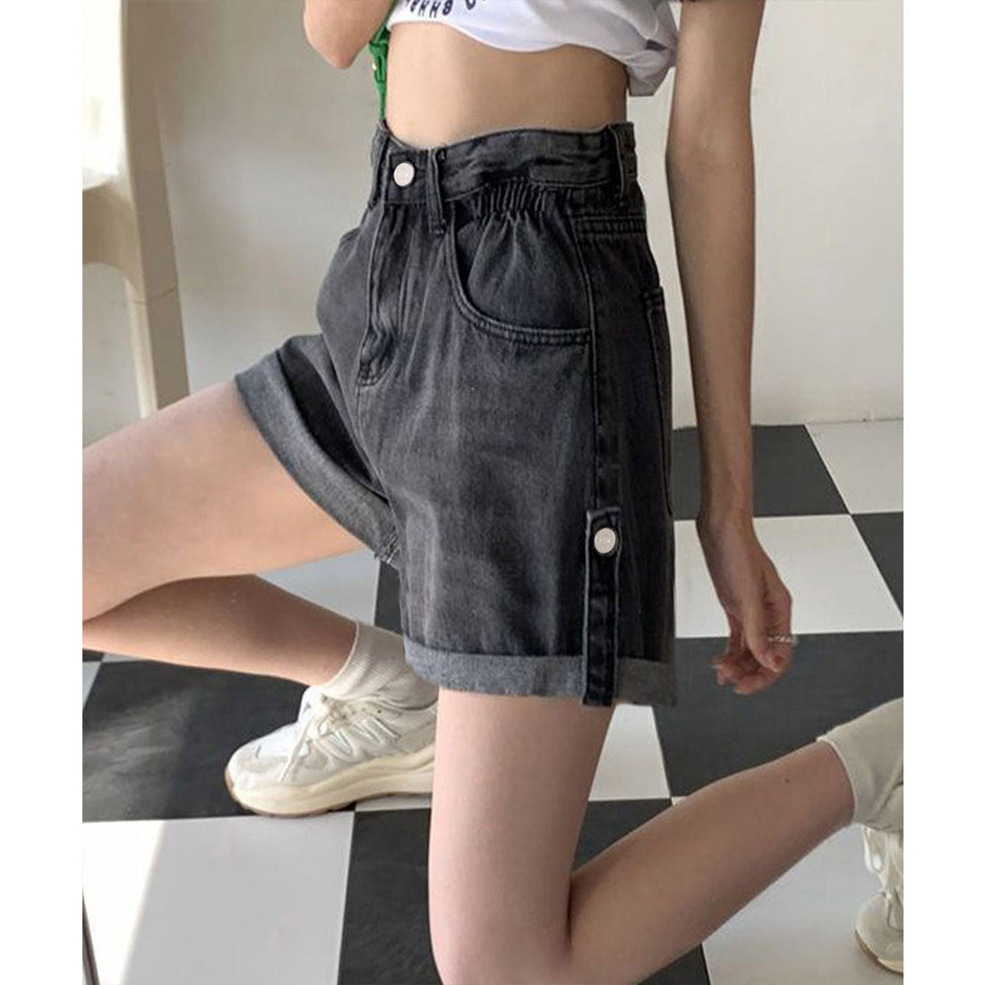 ミニミニストア miniministore ロールアップ デニムショートパンツ 美脚 （ブラック） ブラック