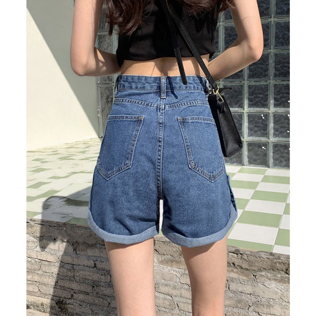 ミニミニストア miniministore ロールアップ デニムショートパンツ 美脚 （ブラック） ブラック