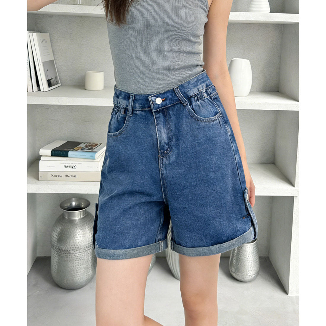ミニミニストア miniministore ロールアップ デニムショートパンツ 美脚 （ブラック） ブラック