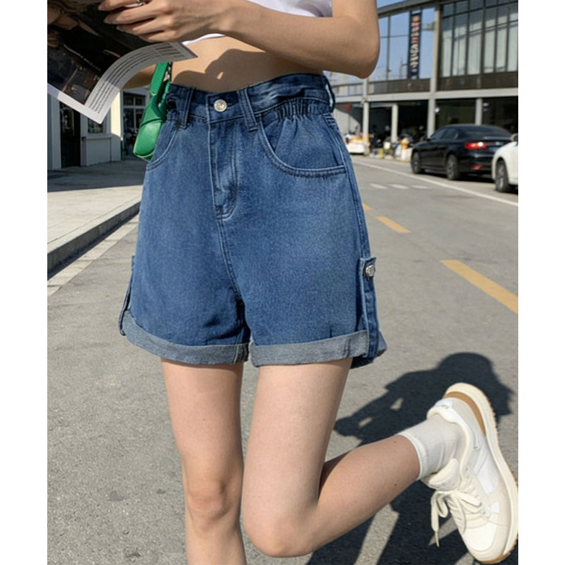 ミニミニストア miniministore ロールアップ デニムショートパンツ 美脚 （ブルー） ブルー