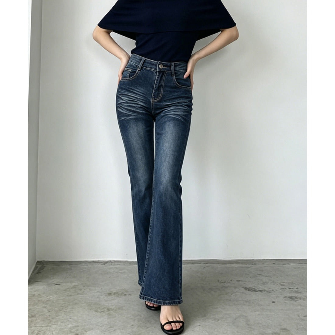 ミニミニストア miniministore セミフレアデニムパンツレトロデニムパンツ （インディゴブルー） インディゴブルー