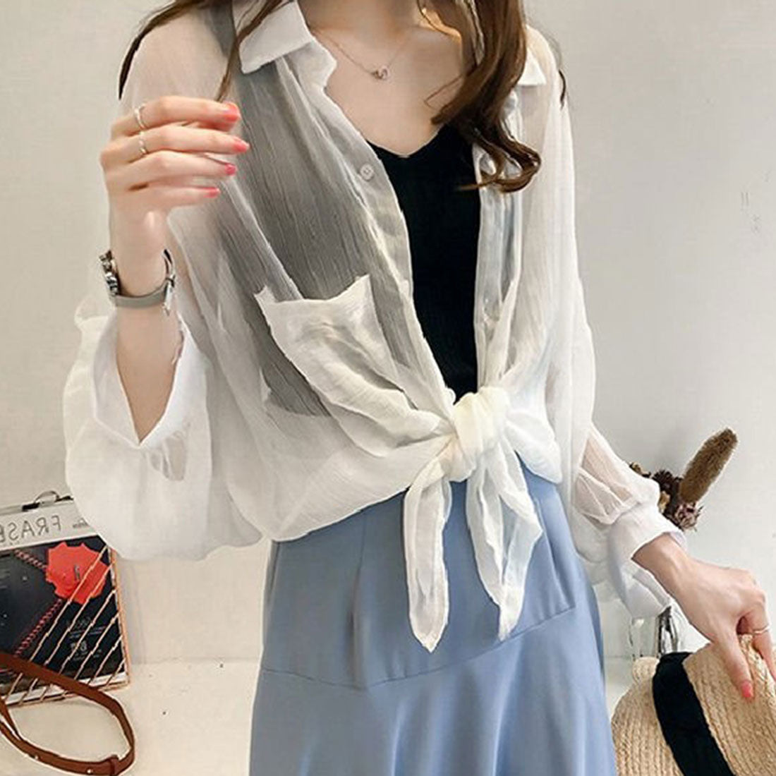 春夏シフォンシアーシャツ 羽織り 薄手,ホワイト