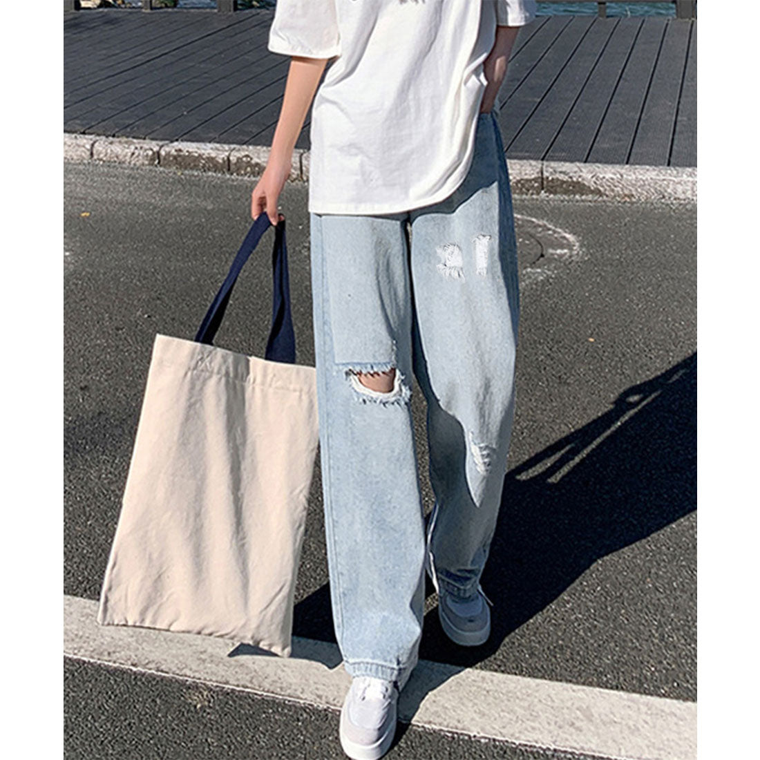 ワイド デニムパンツ ダメージ加工脚長 サックス