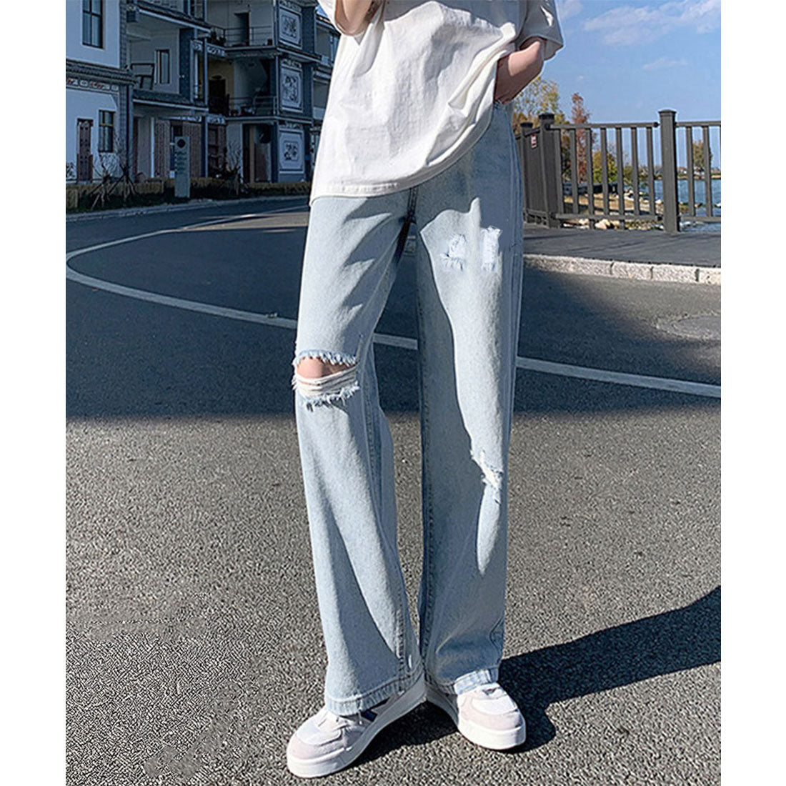 ワイド デニムパンツ ダメージ加工脚長 サックス