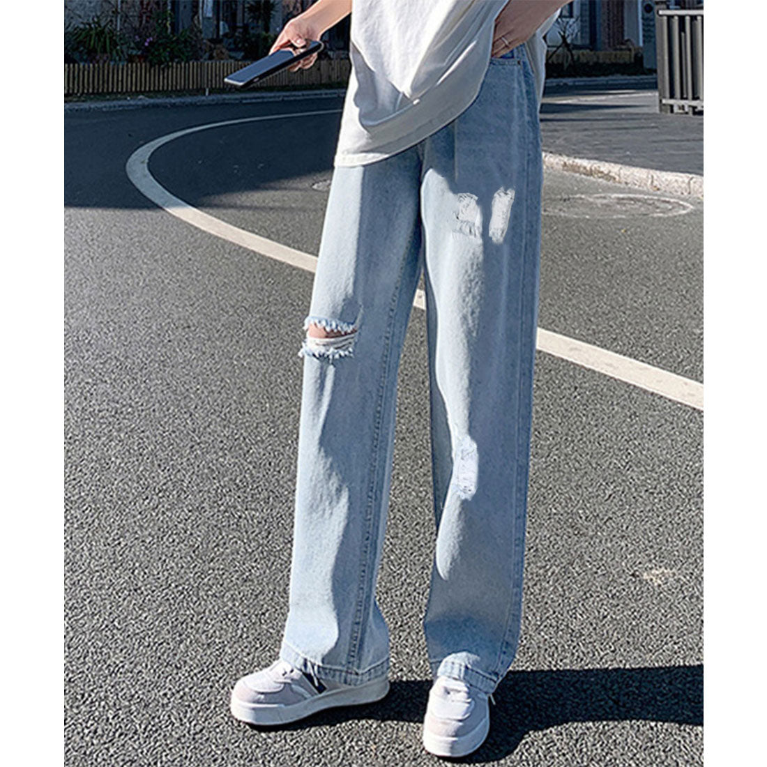 ワイド デニムパンツ ダメージ加工脚長 サックス