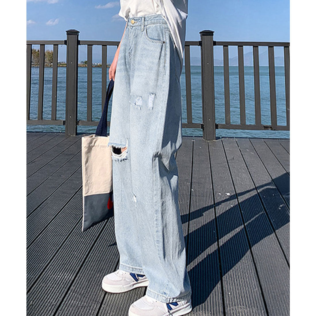 ワイド デニムパンツ ダメージ加工脚長 サックス