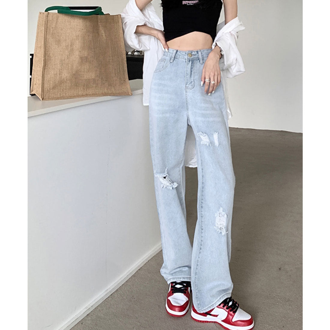 ワイド デニムパンツ ダメージ加工脚長 サックス