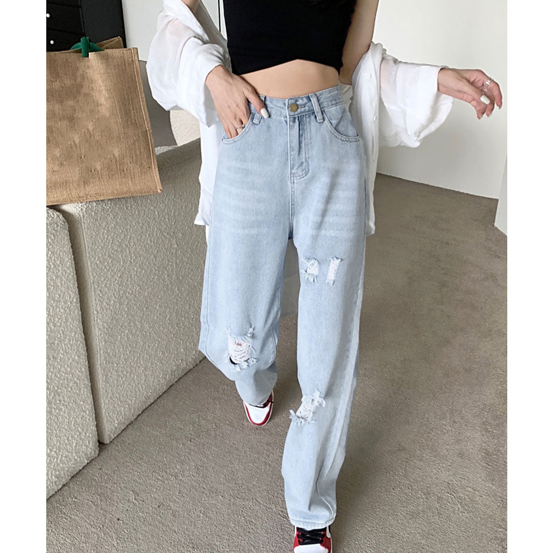 ワイド デニムパンツ ダメージ加工脚長 サックス