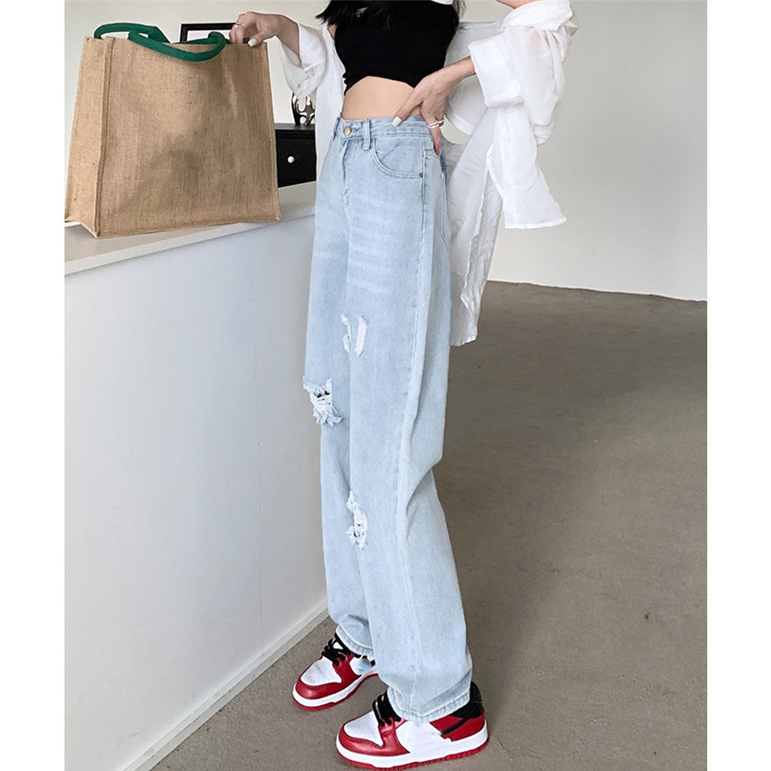 ワイド デニムパンツ ダメージ加工脚長 サックス