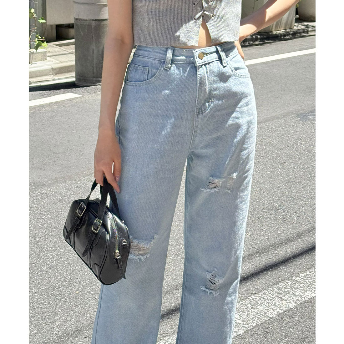 ワイド デニムパンツ ダメージ加工脚長 サックス