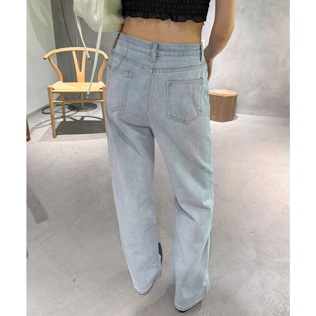 ワイド デニムパンツ ダメージ加工脚長 サックス
