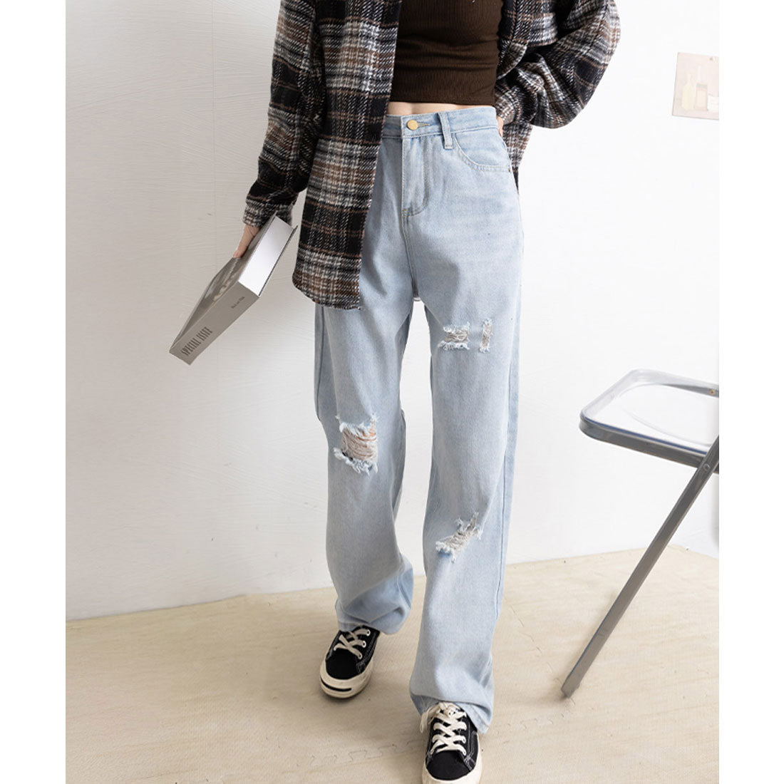 ワイド デニムパンツ ダメージ加工脚長 サックス