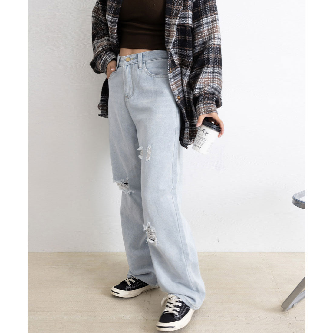 ワイド デニムパンツ ダメージ加工脚長 サックス