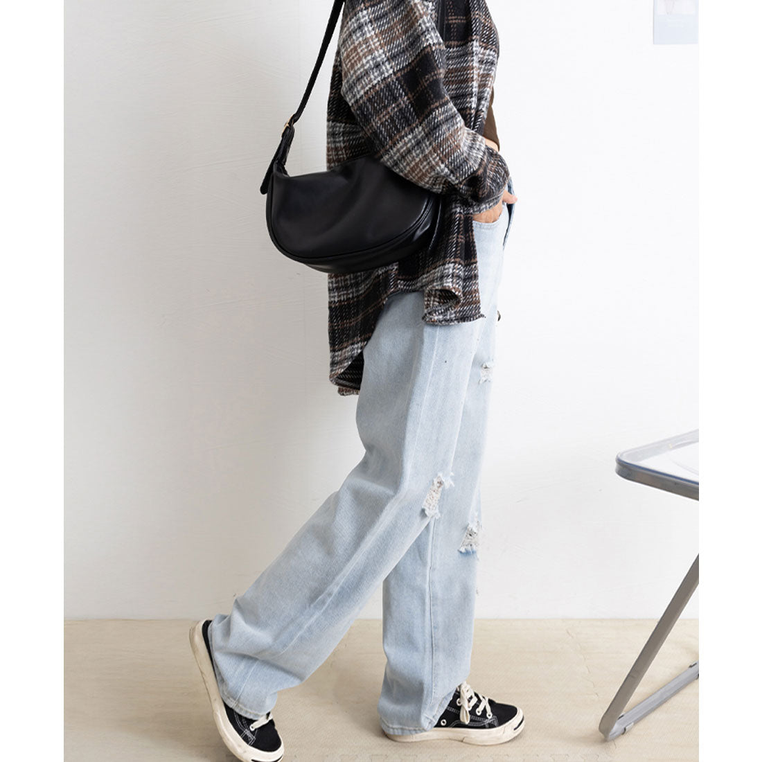 ワイド デニムパンツ ダメージ加工脚長 サックス