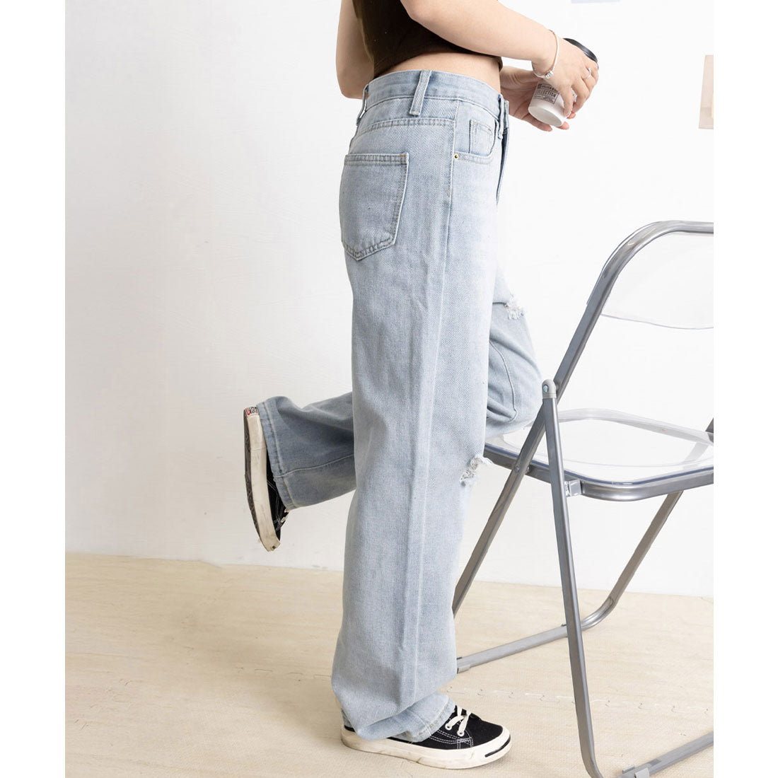 ワイド デニムパンツ ダメージ加工脚長 サックス