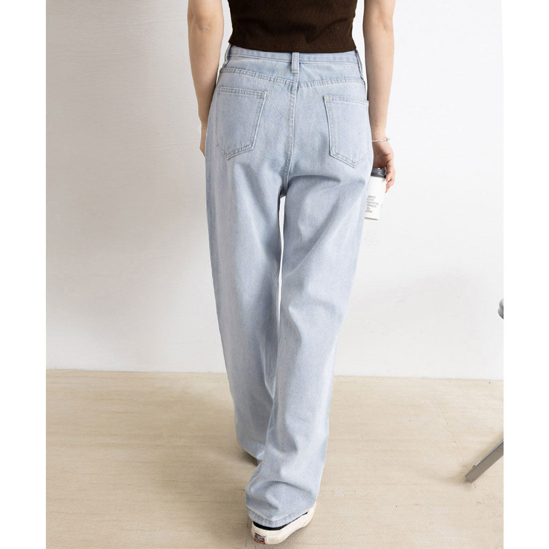 ワイド デニムパンツ ダメージ加工脚長 サックス
