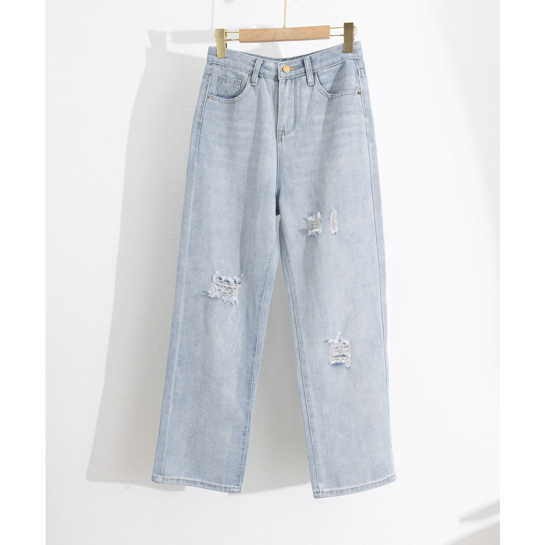 ワイド デニムパンツ ダメージ加工脚長 サックス