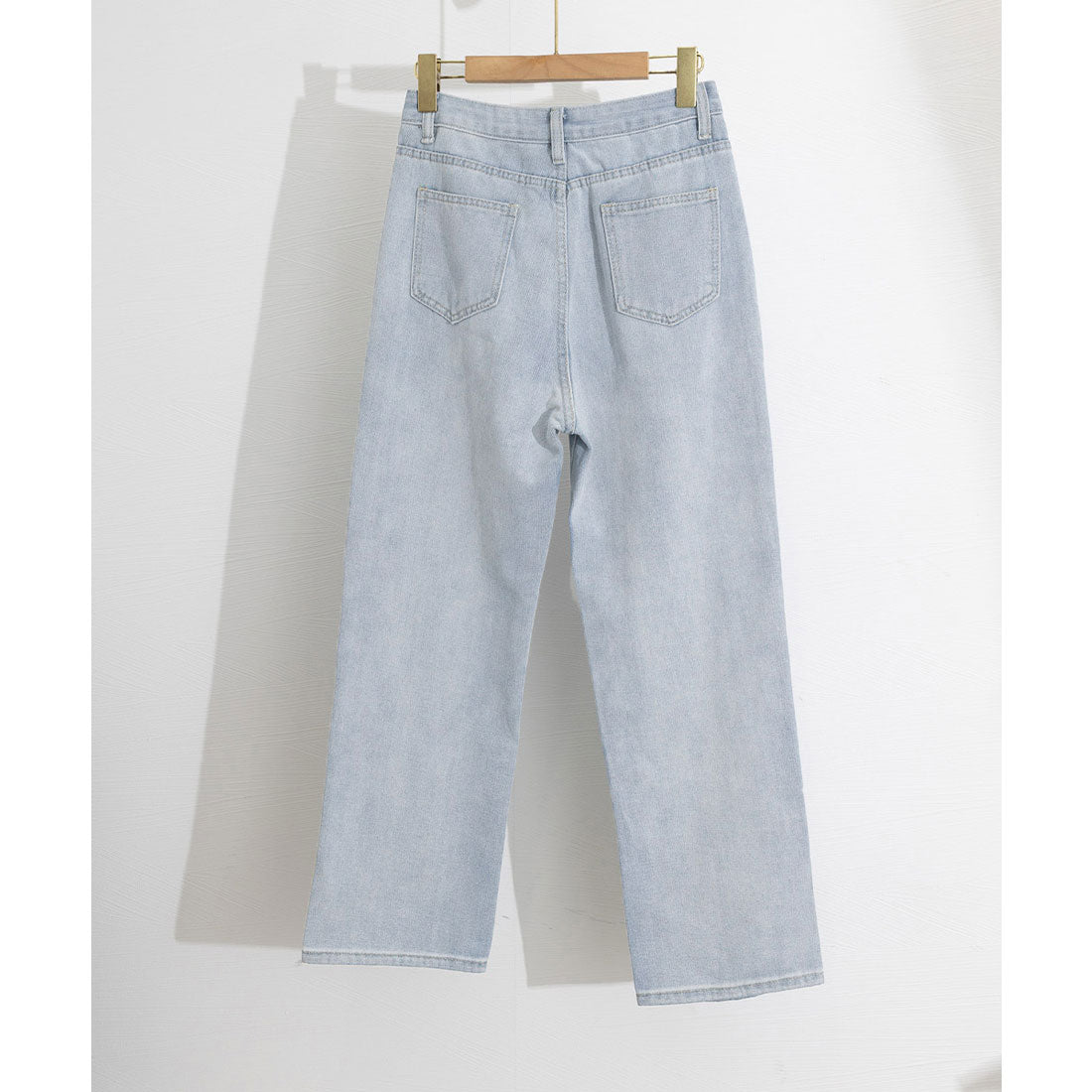 ワイド デニムパンツ ダメージ加工脚長 サックス