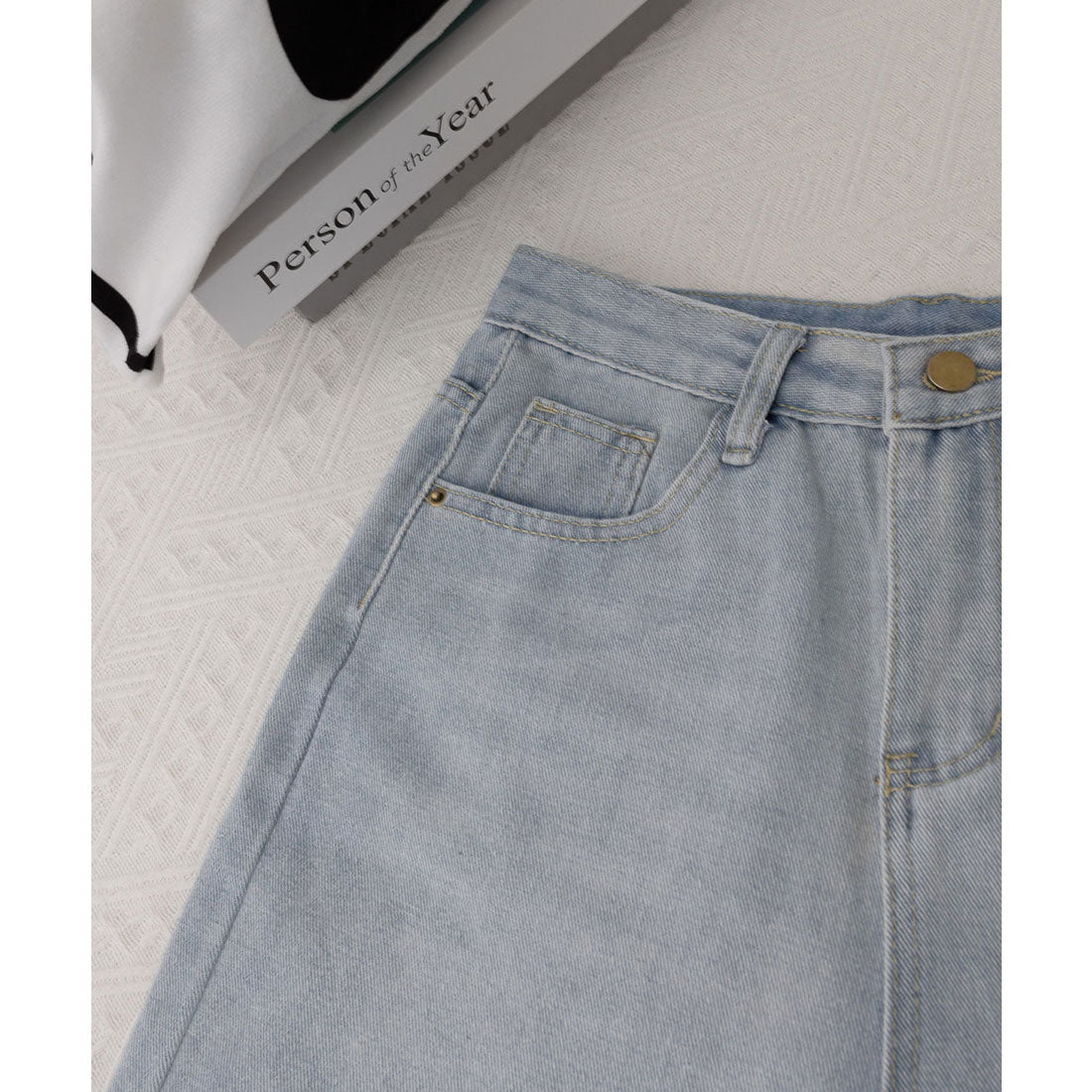 ワイド デニムパンツ ダメージ加工脚長 サックス