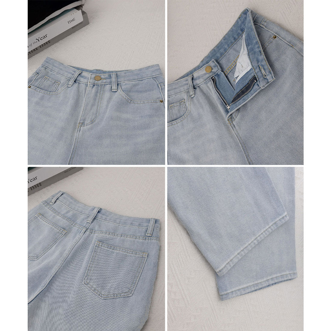 ワイド デニムパンツ ダメージ加工脚長 サックス