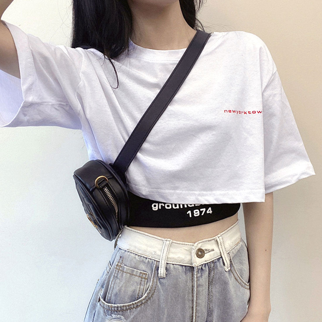 ヘソ出しtシャツ タンクトップ 韓国 ホワイト+ブラック