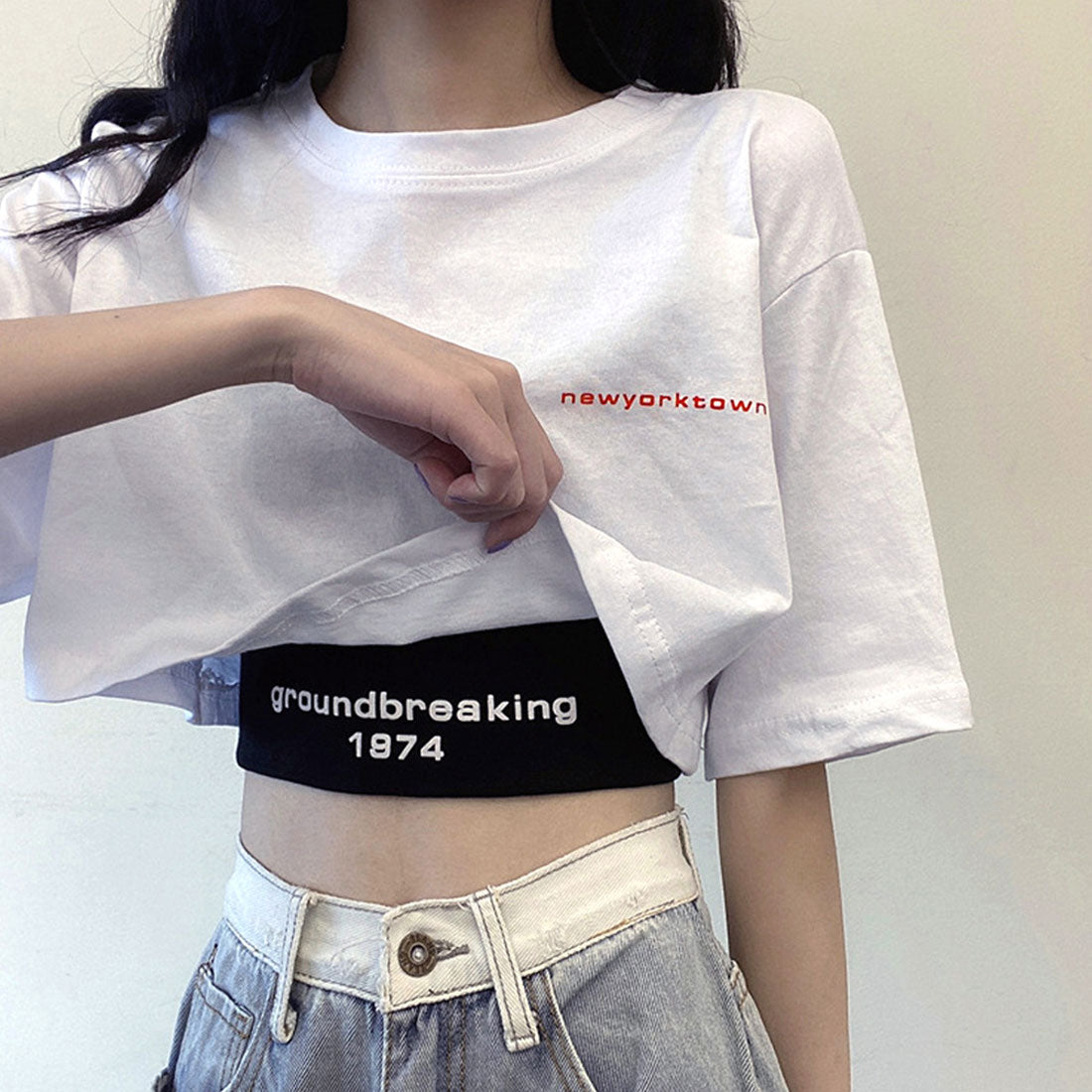 ヘソ出しtシャツ タンクトップ 韓国 ホワイト+ブラック
