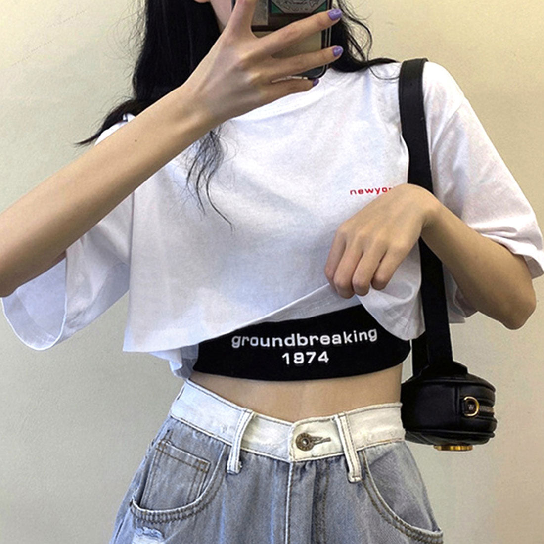 ヘソ出しtシャツ タンクトップ 韓国 ホワイト+ブラック
