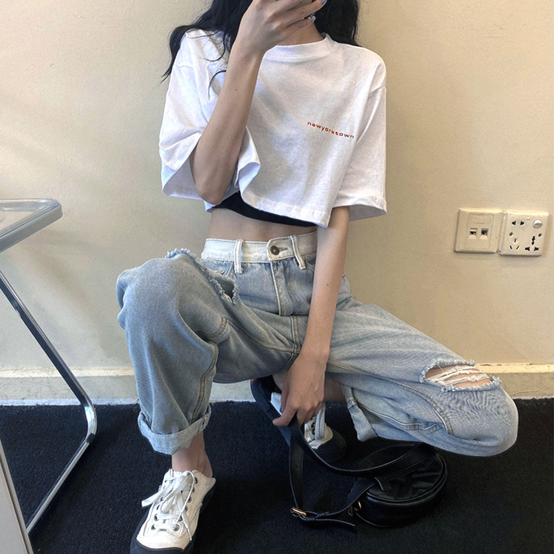 ヘソ出しtシャツ タンクトップ 韓国 ホワイト+ブラック
