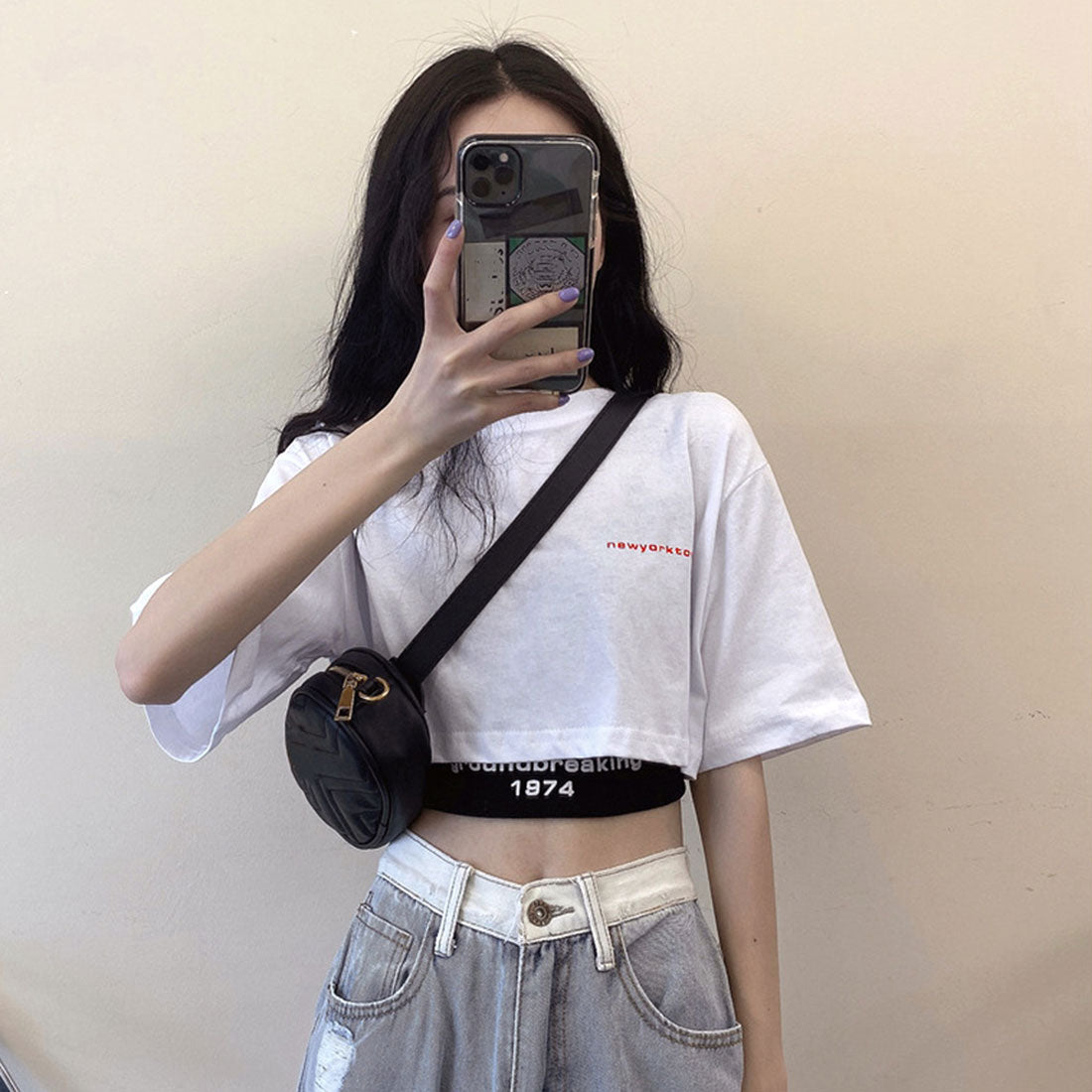 ヘソ出しtシャツ タンクトップ 韓国 ホワイト+ブラック