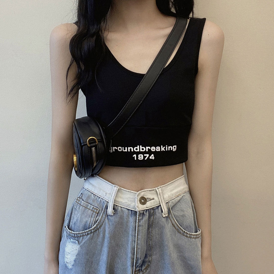 ヘソ出しtシャツ タンクトップ 韓国 ホワイト+ブラック