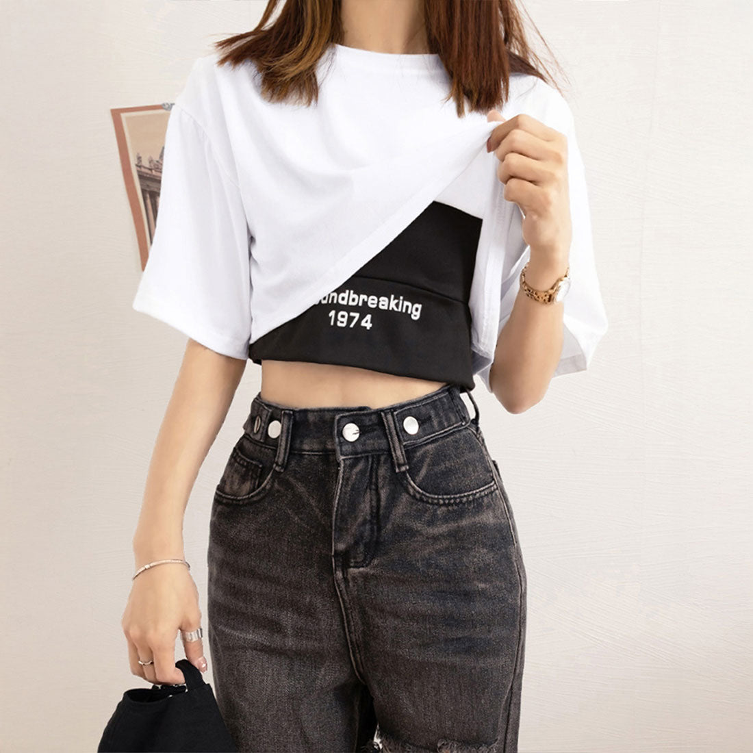 ヘソ出しtシャツ タンクトップ 韓国 ホワイト+ブラック