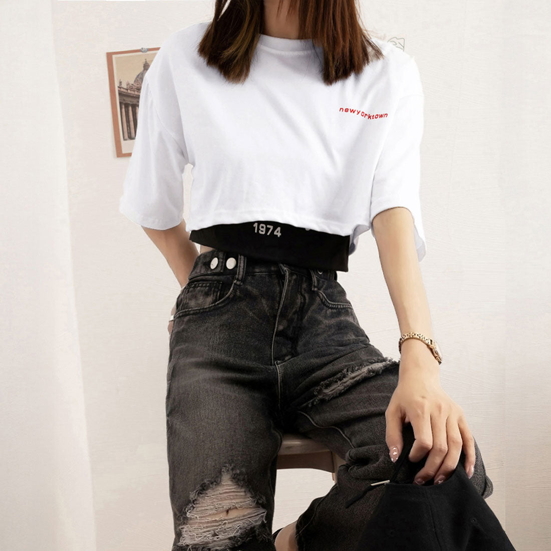 ヘソ出しtシャツ タンクトップ 韓国 ホワイト+ブラック