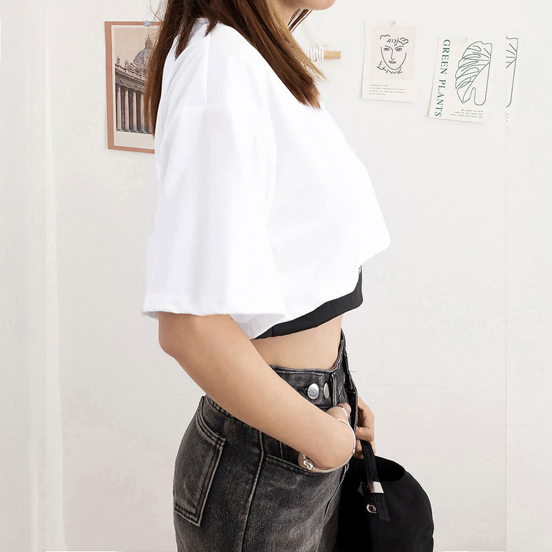 ヘソ出しtシャツ タンクトップ 韓国 ホワイト+ブラック