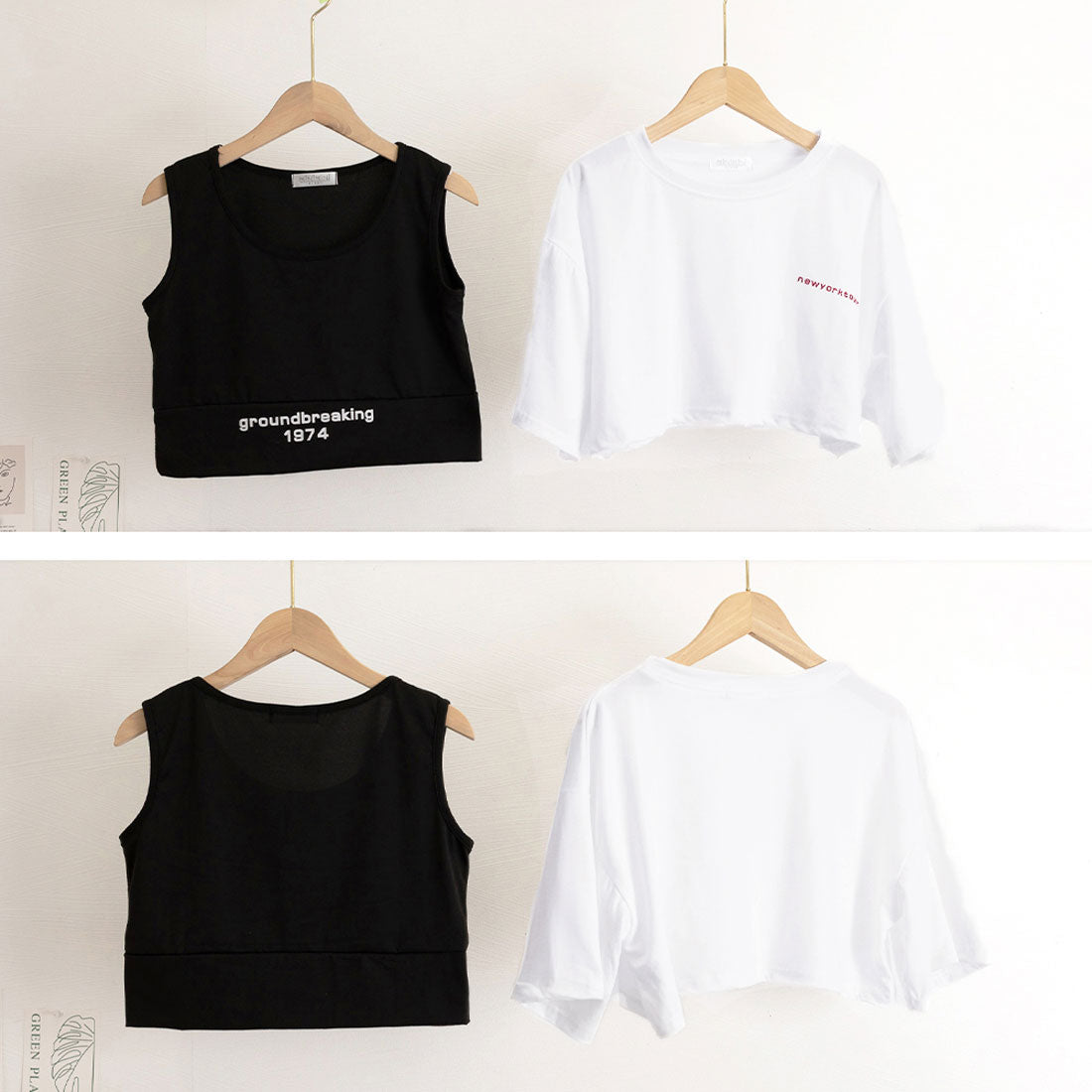 ヘソ出しtシャツ タンクトップ 韓国 ホワイト+ブラック