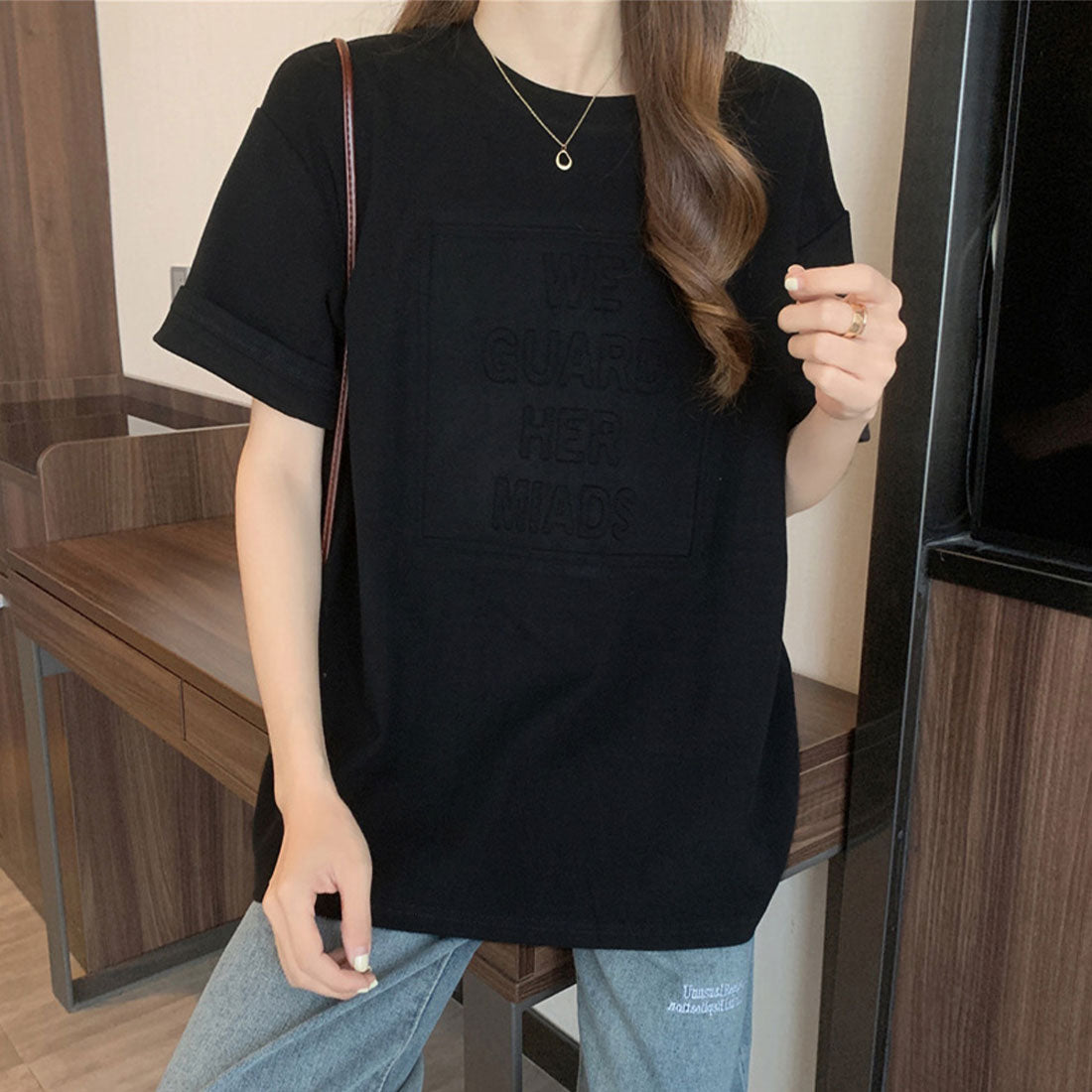 立体ロゴtシャツ 韓国チュニックロンT ブラック
