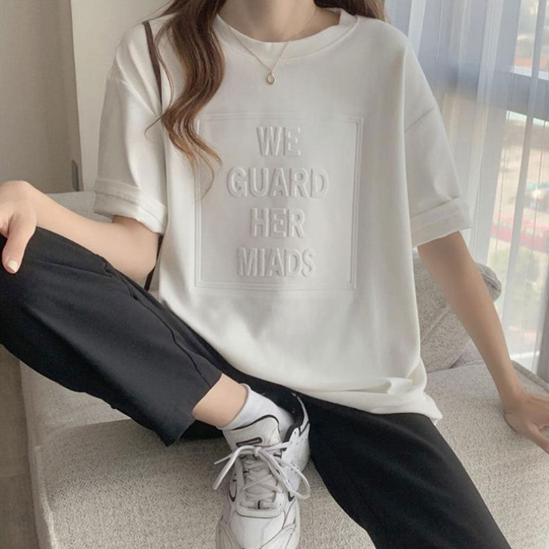 立体ロゴtシャツ 韓国チュニックロンT ブラック