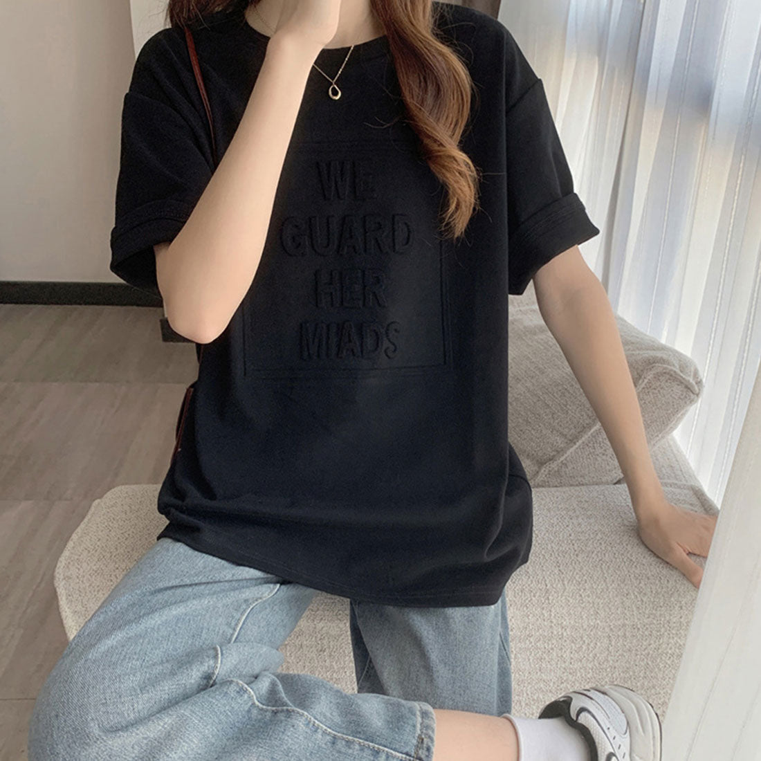 立体ロゴtシャツ 韓国チュニックロンT ブラック