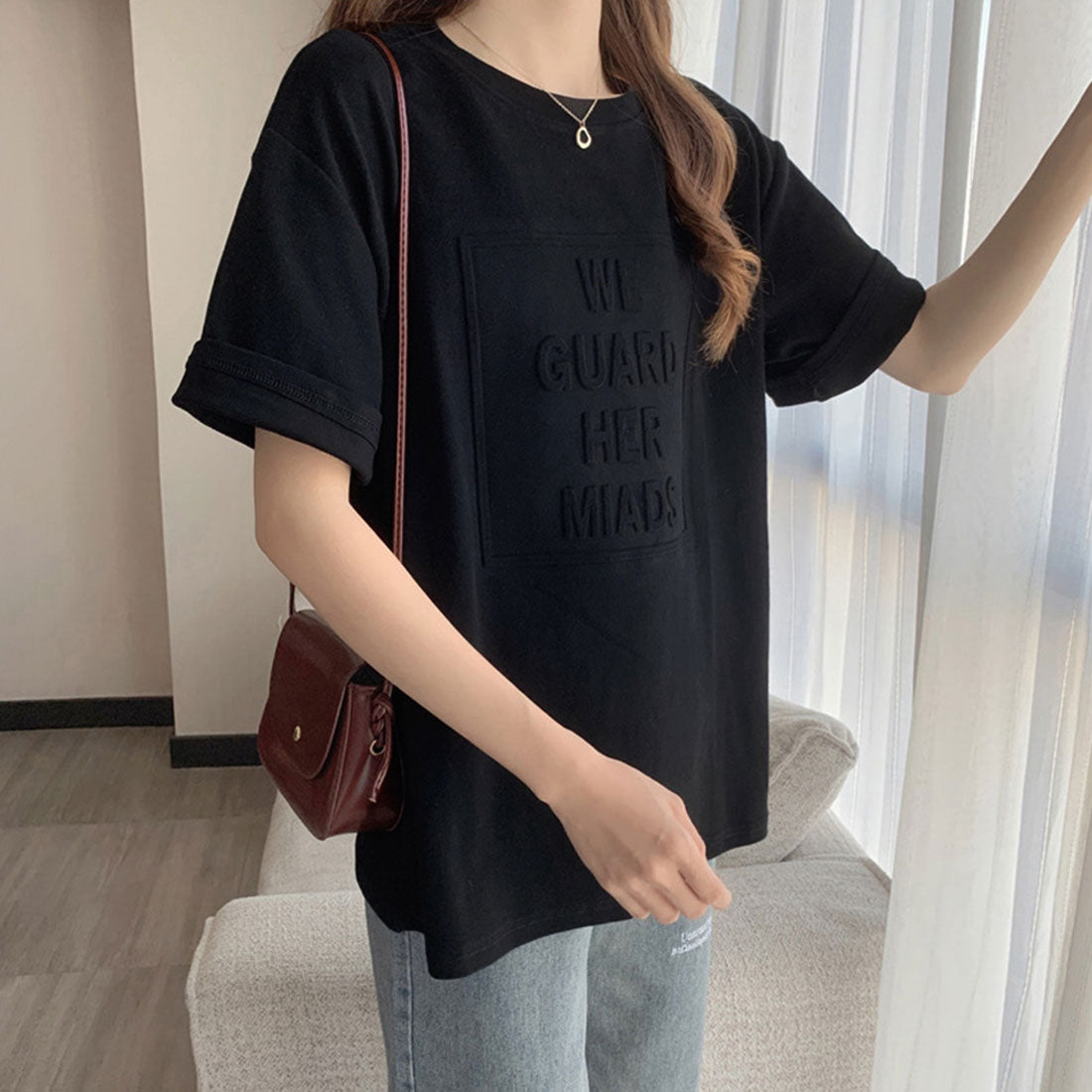立体ロゴtシャツ 韓国チュニックロンT ブラック