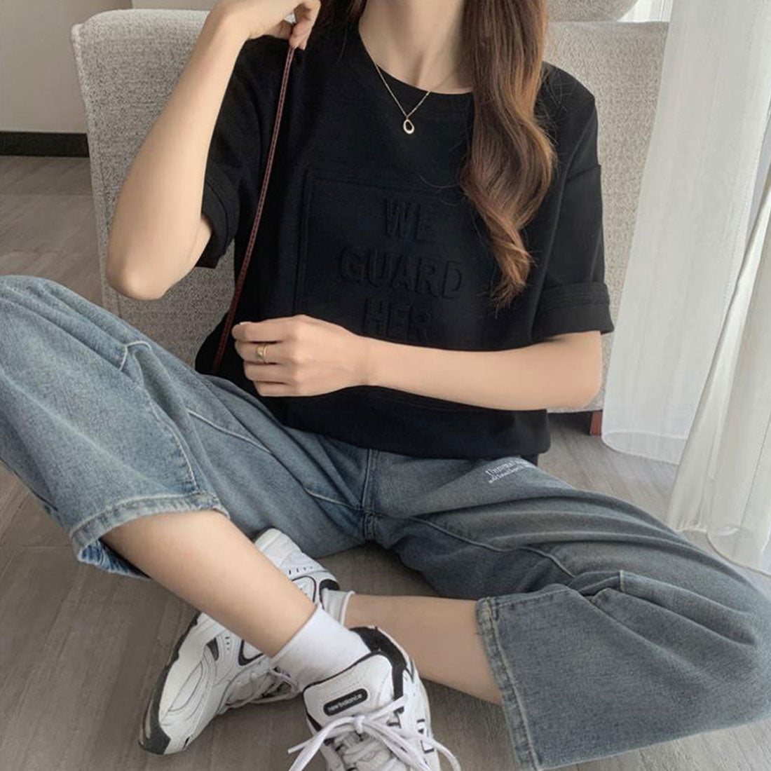 立体ロゴtシャツ 韓国チュニックロンT ブラック