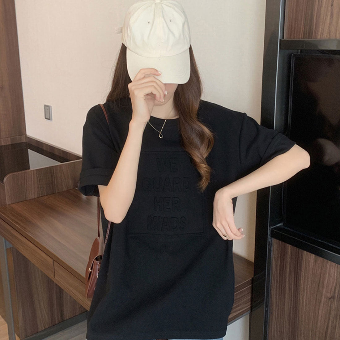 立体ロゴtシャツ 韓国チュニックロンT ブラック