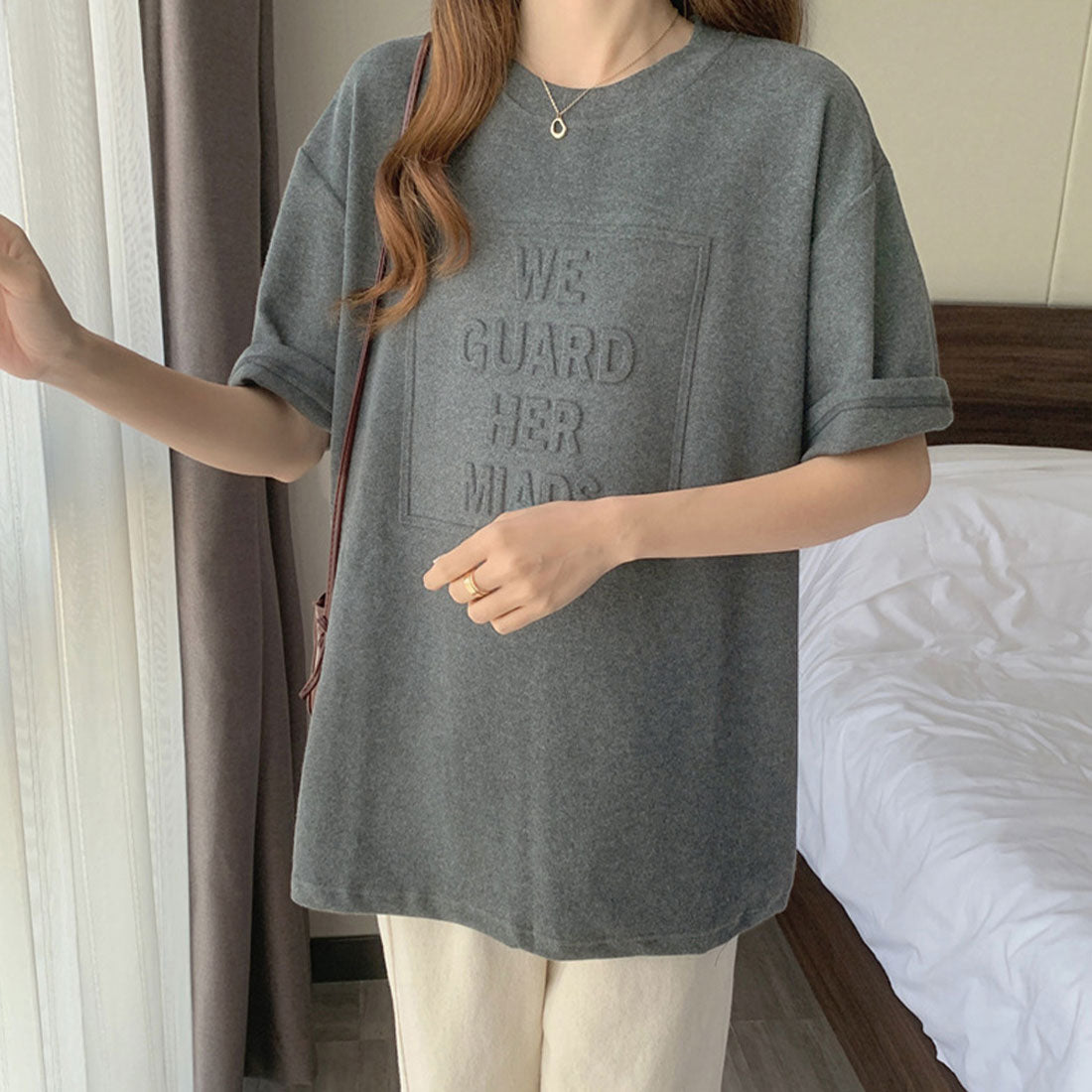 立体ロゴtシャツ 韓国チュニックロンT ブラック