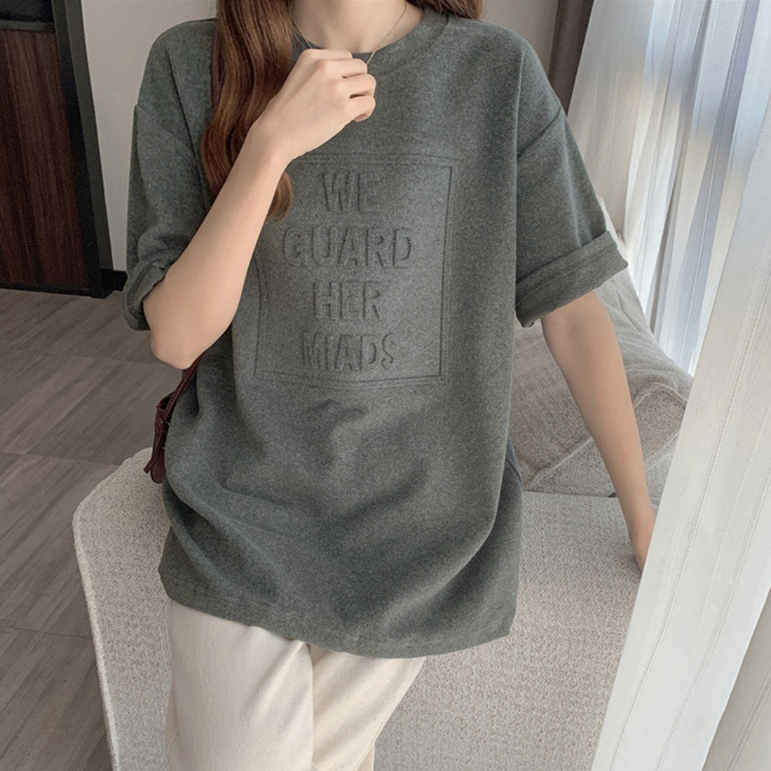 立体ロゴtシャツ 韓国チュニックロンT ブラック